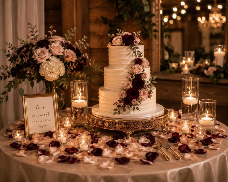 Puede incluir: Un pastel de bodas blanco de tres niveles con glaseado texturizado, decorado con rosas de color rojo oscuro y rosa claro. El pastel se asienta sobre un soporte dorado rodeado de p&eacute;talos de rosa, velas encendidas y un letrero que dice love is sweet.