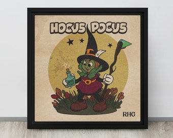 HOCUS POCUS - 12"x12" Framed Canvas | Retro Cartoon | Abracadabra | Kids Wall Art | Home Decor | Rubber Hose Style | Magician Art | Witch