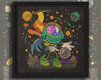 Space Alien - 12"x12" Framed Canvas | Rubber Hose | Kids Room | Retro Wall Art | Home Decor | Astronaut Art | Galaxy Print | Alien Art
