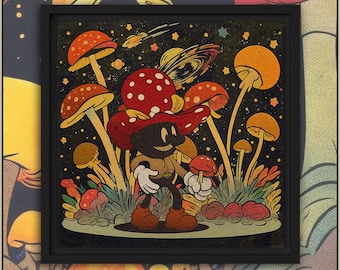 Farmer Gus - 12"x12" Framed canvas | Cottagecore | Retro Cartoons | Mushroom Lover | Retro Wall Art | Home Decor | Rubber Hose Style Art