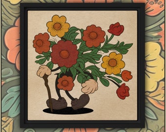 Flower Head - 12"x12" Framed Canvas | Cottagecore | Retro Cartoons | Garden Lover | Colorful Flowers | Retro Wall Art | Home Decor