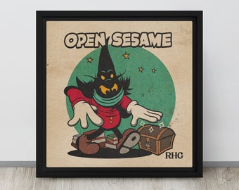 OPEN SESAME - 12"x12" Framed Canvas | Kids Room | Abracadabra | Retro Wall Art | Home Decor | Rubber Hose Style | Magician Art | Wizard