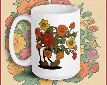 Flower Head - Ceramic Mug | Coffee Cup | Cute Mug | Gardening Gift | Cottagecore | Retro Cartoons | Rubber Hose Art | Retro Art | Tea Mug