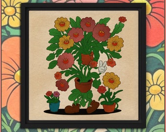 Pot Head - 12"x12" Framed Canvas | Cottagecore | Retro Cartoons | Garden Lover | Colorful Flowers | Retro Wall Art | Home Decor
