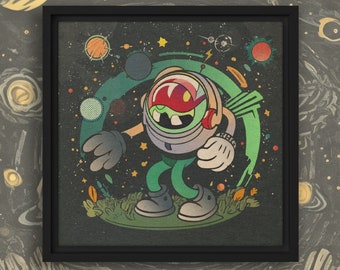 Space Man - 12"x12" Framed Canvas | Rubber Hose Art | Kids Room Art | Retro Wall Art | Home Decor | Astronaut Art | Colorful Galaxy Print
