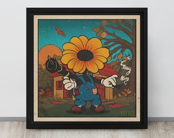 Fire Flower - 12"x12" Framed Canvas | Retro Cartoon | Fire Flower | Retro Wall Art | Home Decor | Rubber Hose Style Art | Pyro | Cartoon Art