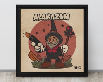 ALAKAZAM - 12"x12" Framed Canvas | Retro Cartoon | Abracadabra | Retro Wall Art | Home Decor | Rubber Hose Style | Magician Art | Wizard