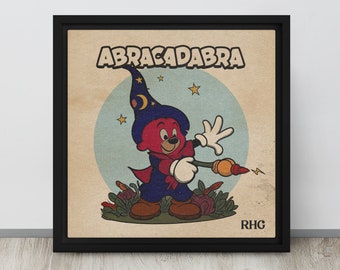 ABRACADABRA - 12"x12" Framed Canvas | Retro Cartoon | Abracadabra | Kids Wall Art | Home Decor | Rubber Hose Style | Magician Art | Wizard