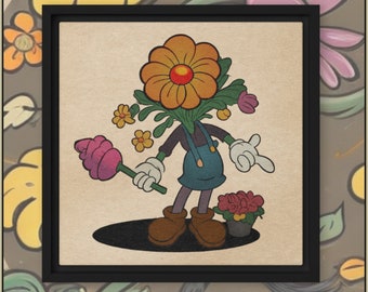 Flower Lady - 12"x12" Framed Canvas | Cottagecore | Retro Cartoons | Garden Lover | Colorful Flowers | Retro Wall Art | Home Decor