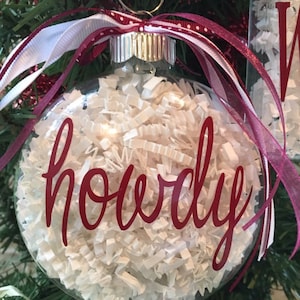 Collegiate Ornament, Custom Vinyl, Clear Glass, Ribbon Accent