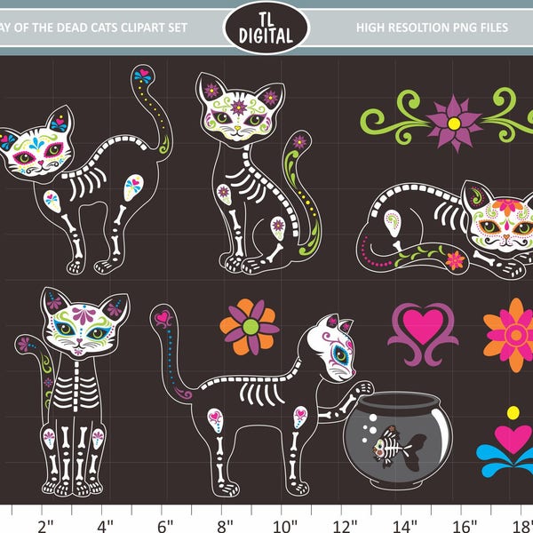 Day of the Dead Cats Clipart Set - Sugar Skull Cats - High resolution PNG Files - 11 clipart illustrations - Instant Download
