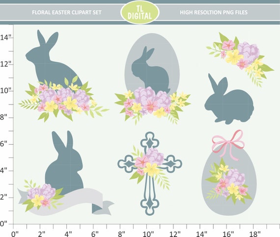 Floral Easter Bunny Clipart Set  - High resolution PNG Files - 7 clipart designs