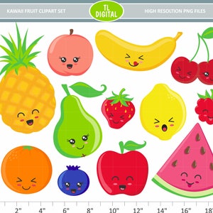 Kawaii Fruit Clipart Set - Cute Fruit Clipart- Tutti Frutti Cliparts - High resolution PNG Files - 12 illustrations