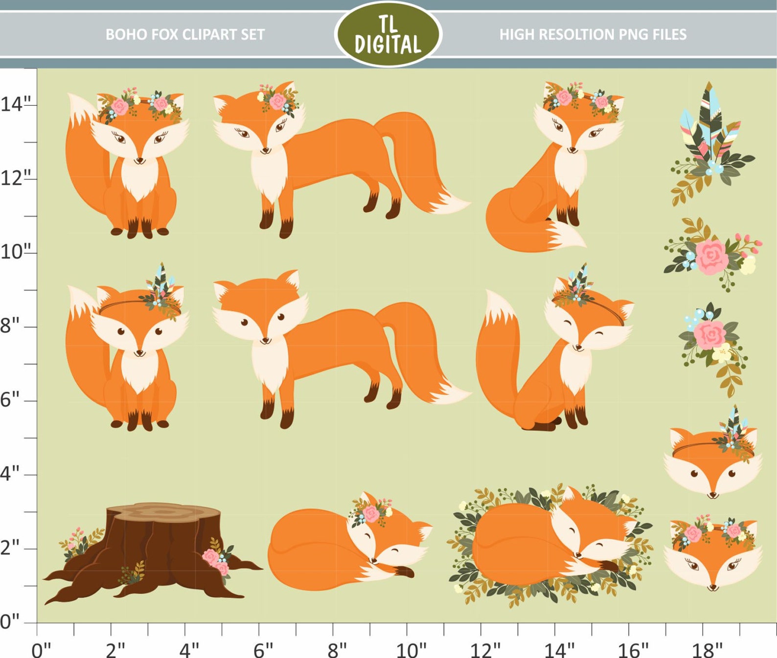 Лисичка набор клипарт. Лисица бохо. Card Fox Flowers. Autumn Series little Fox Clipart Set.