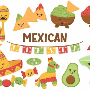 Ensemble de cliparts mexicains kawaii - Fichiers PNG haute résolution - 53 illustrations