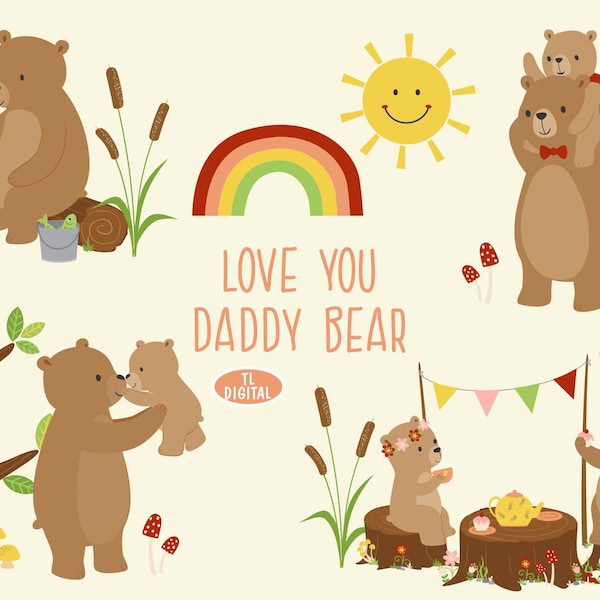 Daddy Bear Clipart Set - Papa Bear Animal Clipart - 15 illustrations - Instant Download - High Resolution PNG Digital Files