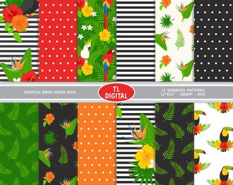 Tropical Birds Paper Pack - Tropical Floral Bouquets - Island Papers - 12x12" - JPG FILES - 12 Seamless Pattern Papers