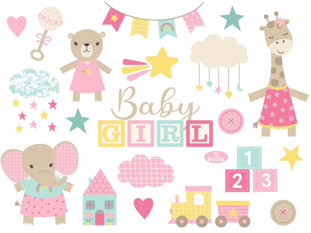 Modern Baby Girl Clipart Set - Baby Toy Illustrations - Pink Yellow and ...