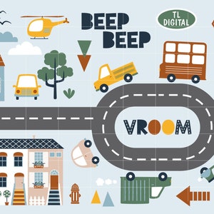 Conjunto de imágenes prediseñadas de coches y casas - Gráficos de tráfico - 73 ilustraciones - Descarga instantánea - Archivos PNG de alta resolución