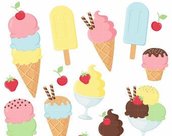 Ice Cream Clipart Set in pastel colours – Use these sweet graphics to create your own sundae dessert - 28 PNG Elements