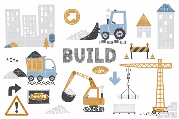 Construction Clipart Set - Cute Clipart for Boys - 64 illustrations - High Resolution PNG Files