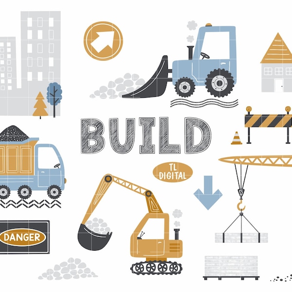 Construction Clipart Set - Cute Clipart for Boys - 64 illustrations - High Resolution PNG Files
