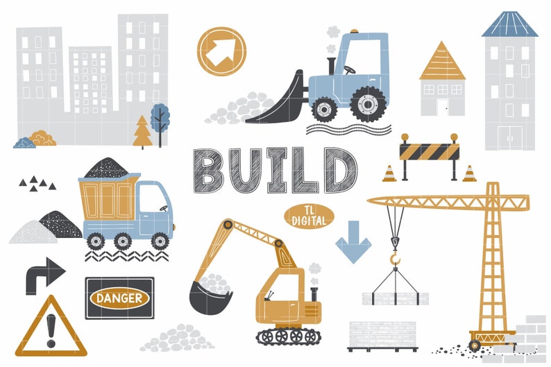 Construction Clipart Set - Cute Clipart for Boys - 64 illustrations - High Resolution PNG Files image 1