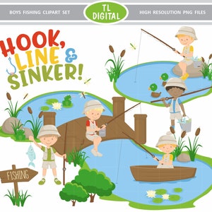 Fishing Clipart Set - Boys Clipart - Gone Fishing- Fichiers PNG haute résolution - 45 illustrations clipart