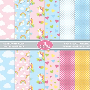 Rainbow Unicorn Paper Pack - Rainbow Digital Papers - 12x12" - JPG FILES - 16 Seamless Pattern Papers