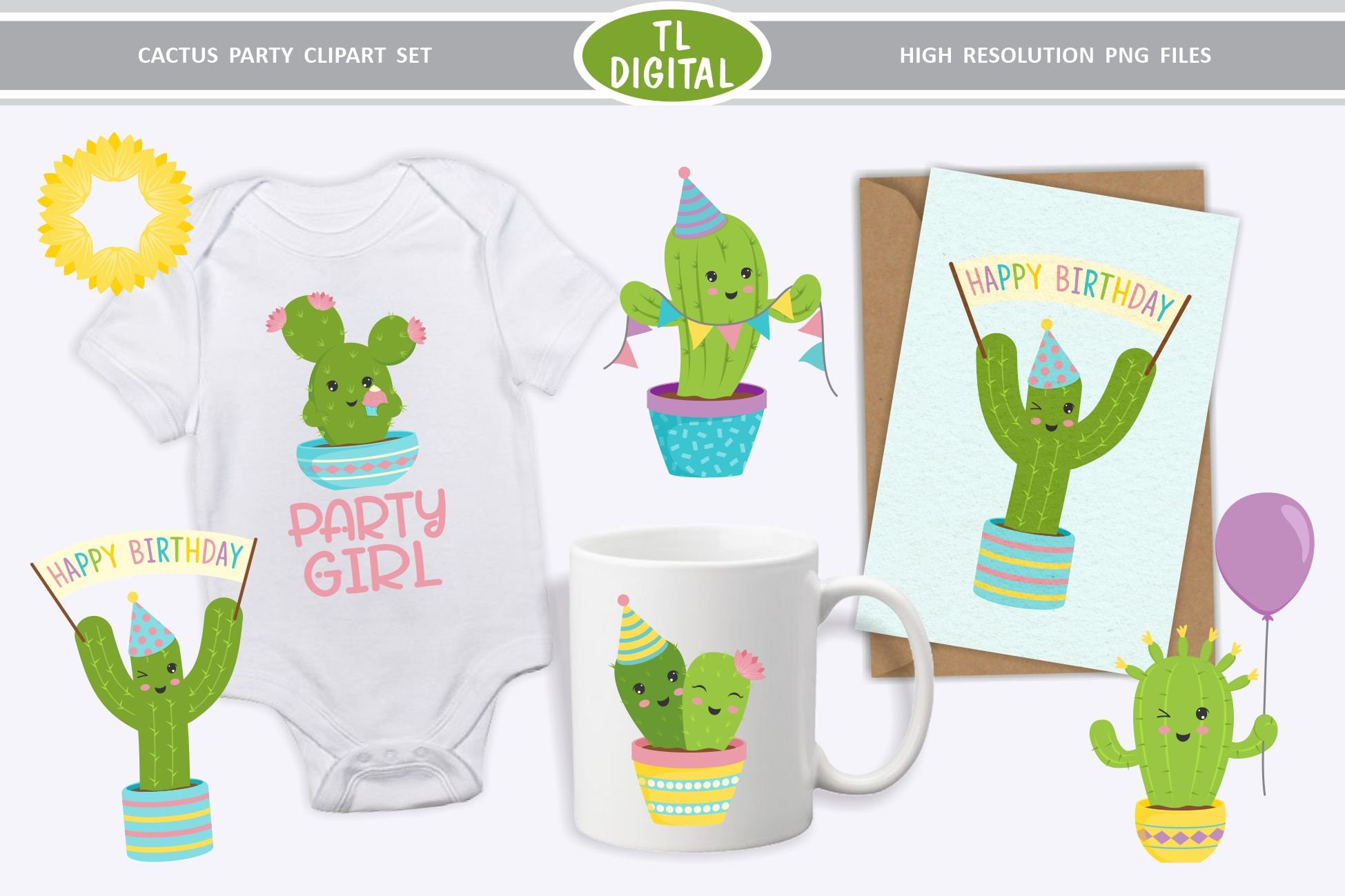 Cactus Party Clipart Set Cute Cactus High Resolution PNG | Etsy
