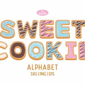 May include: Sweet Cookie Alphabet SVG, PNG, EPS digital download. The letters are decorated with sprinkles, chocolate and frosting.