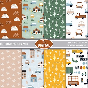 Kleine Autos und Häuser - Digitale Papiere/Pattern Pack - 12 Nahtlose Muster - 12 "x12" - Hochauflösende JPEGs