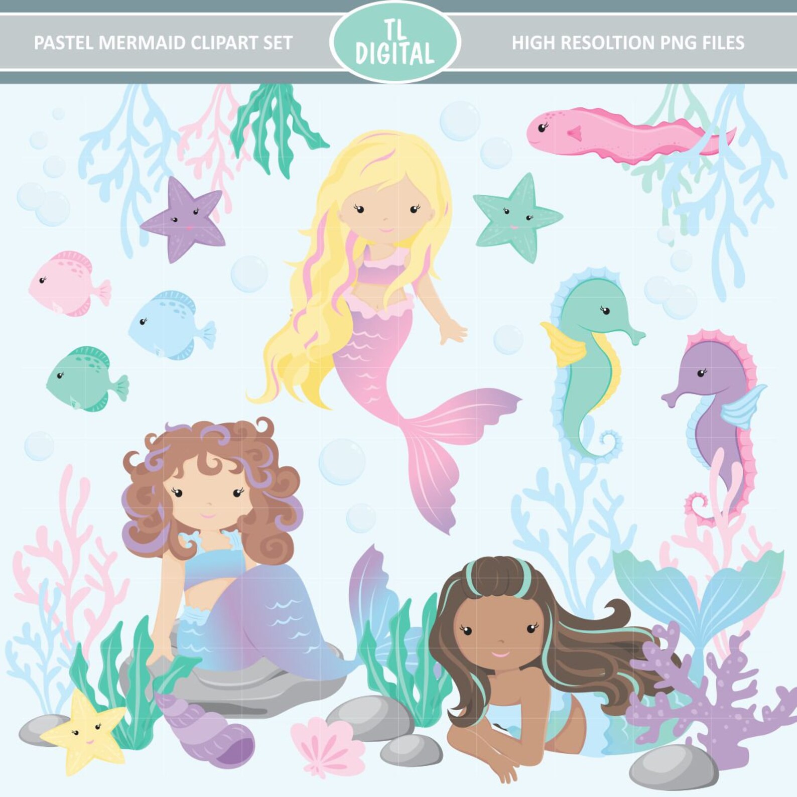 Pastel Mermaid Clipart Set - Sealife Clipart - 29 Illustrations ...