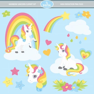 Rainbow Unicorn Clipart Set - High resolution PNG Files - 30 clipart illustrations