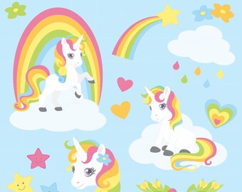Rainbow Unicorn Clipart Set - High resolution PNG Files - 30 clipart illustrations