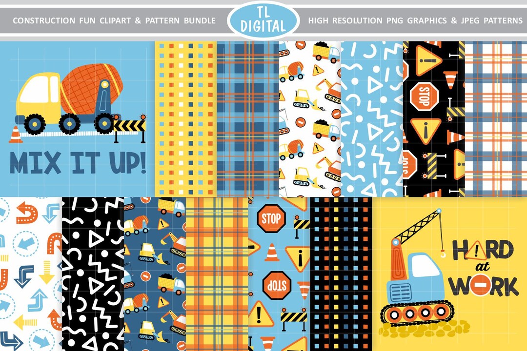 Construction Fun Graphic and Pattern Bundle - 2x PNG Graphics and 12x ...