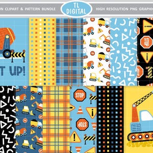 May include: A digital construction-themed clipart and pattern bundle. The image features a cement mixer truck, construction vehicles, stop signs, and various geometric patterns. Text includes "Mix It Up!" and "Hard at Work".