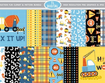 Construction Fun Graphic and Pattern bundle - 2x PNG Graphics and 12x JPEG Digital Patterns
