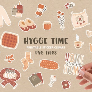 Hygge Time Printable Sticker Clipart Set - Digital PNG Files - 26 Illustrations and 1 digital A4 Sticker Sheet