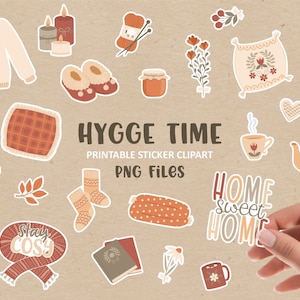 Hygge Time Printable Sticker Clipart Set - Digital PNG Files - 26 Illustrations and 1 digital A4 Sticker Sheet