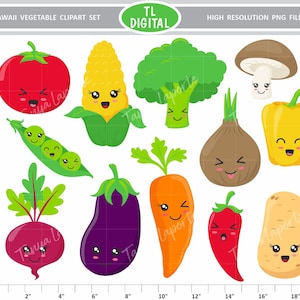 Kawaii Vegetable Clipart Set - Cute Veg Graphics - High resolution PNG Files - 12 illustrations