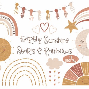 Earthy Rainbows Stars and Sunshine Cliparr - Rainbow Clipart - 46 Illustrations - Digital PNG Files (300dpi) - Instant Download
