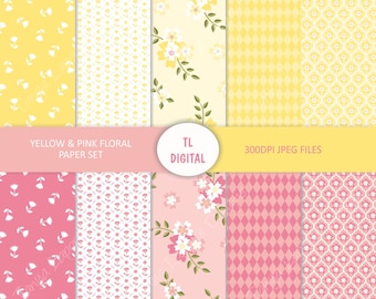 Yellow and Pink - Spring Floral - Digital Paper Set - 10 Patterns - 12x12"