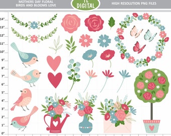 Birds and Blooms Clipart Set - Mothers Day Cliparts - Floral Love - High resolution PNG Files - 29 clipart illustrations