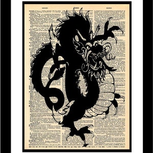 Chinese Dragon 4 Illustration printed on old vintage dictionary paper Unique piece Print Art Eastern Mythology Asian Oriental Symbol Legend