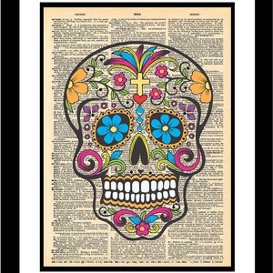 Sugar Skull printed on vintage dictionary old paper Unique piece of print art Day of the Dead Calavera All Souls Day All Saints Day History