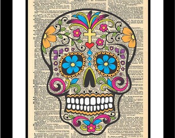 Sugar Skull printed on vintage dictionary old paper Unique piece of print art Day of the Dead Calavera All Souls Day All Saints Day History