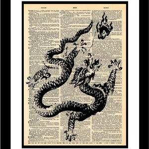 Chinese Dragon 2 Illustration printed on old vintage dictionary paper Unique piece Print Art Eastern Mythology Asian Oriental Symbol Legend