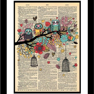 May include: A whimsical illustration of owls perched on a tree branch with colorful flowers and hearts. The owls are drawn in a cartoon style with bright colors and are surrounded by a vintage dictionary page.