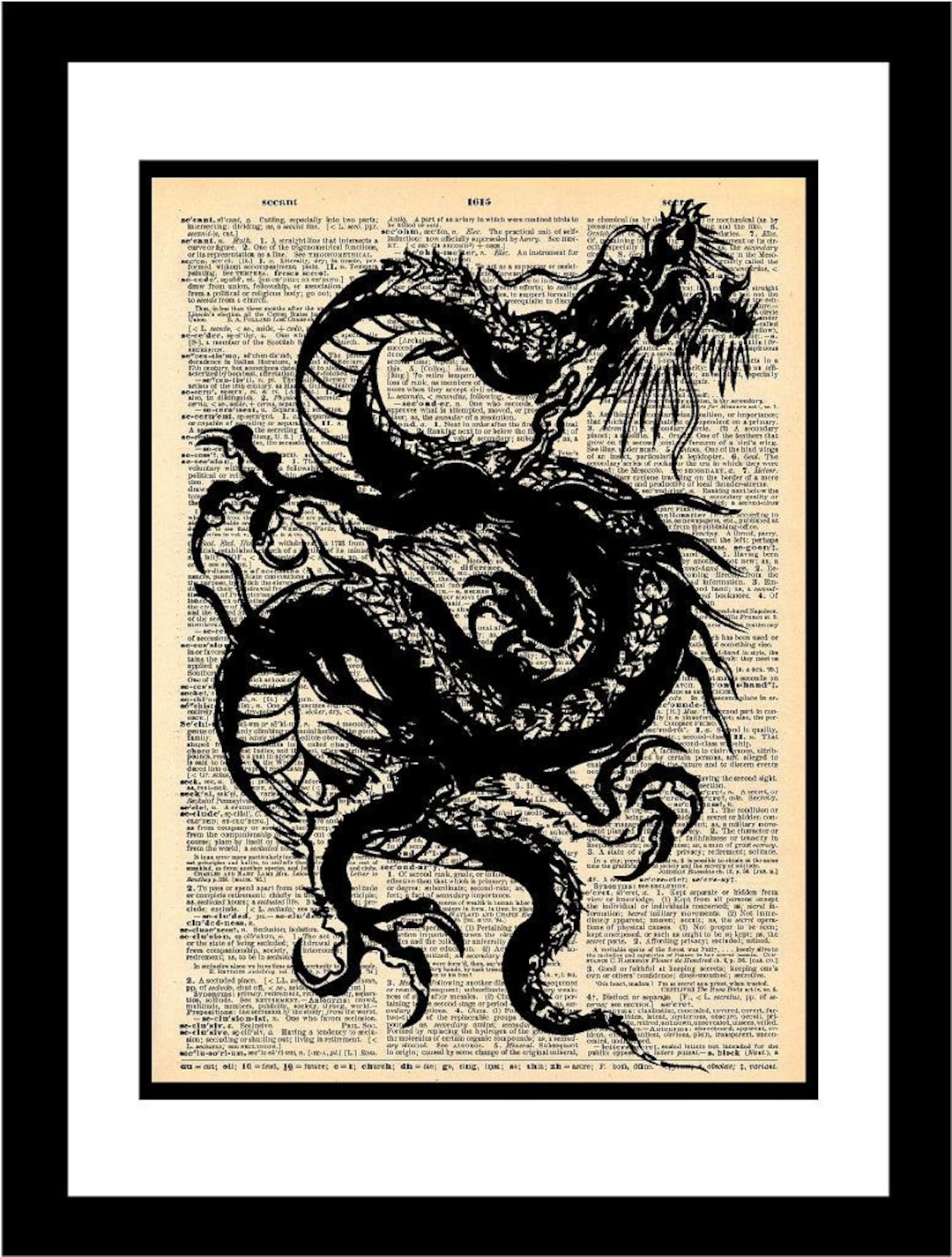 Chinese Dragon 3 Illustration Printed on Old Vintage Dictionary